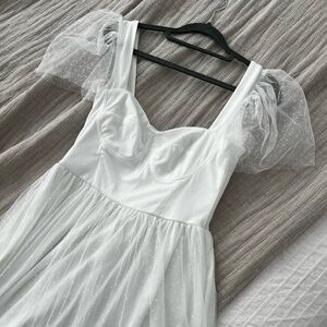 Lulus Dreamy Celebration White Tulle Bustier Swiss Dot Midi Dress S